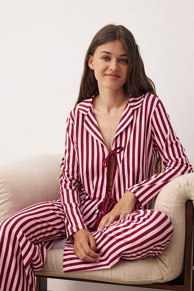Trendyol Collection Burgundy-Multicolor Striped Tie-Up 30/1 Combed Cotton Single Jersey Knitted Pajama Set Thmaw26Pt00072