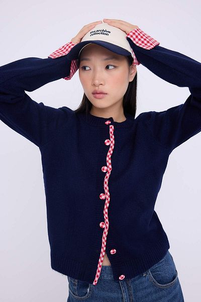 Trendyol Collection Teen Navy Blue Soft Textured Shirt Garnished Knitwear Cardigan Twoaw26Hi00169