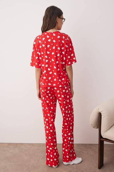 Trendyol Collection Piros 100% pamut szív kötött pizsama szett THMSS24PT00372