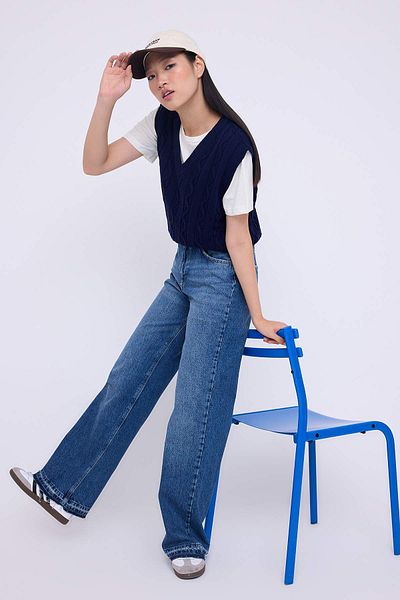 Trendyol Collection Teen Blue High Waist Wide Leg Palazzo Jeans with Leg Detail Twoaw26Je00100