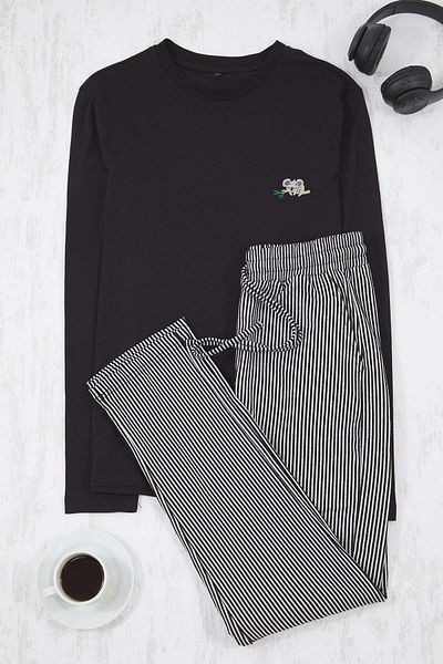 Trendyol Collection Black Regular Embroidery and Stripe Knitted Pajamas Set Tmnaw26Pt00002