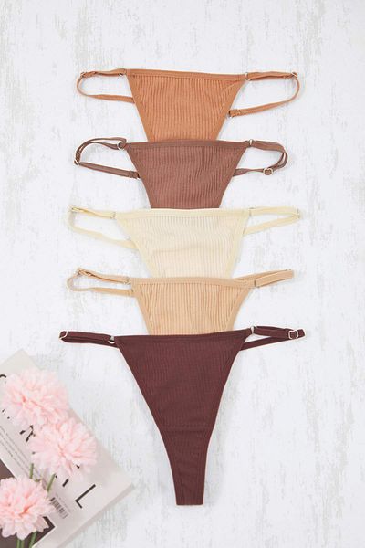 Trendyol Collection Brown-Multicolor 5 Pack Adjustable Waist Ribbed Knitted Thong Panties Thmaw26Ku00017
