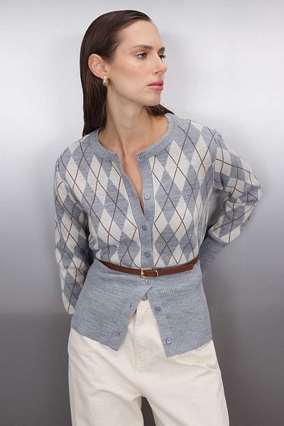 Trendyol Collection Gray Diamond Belted Knitwear Cardigan Twoaw26Hi00150