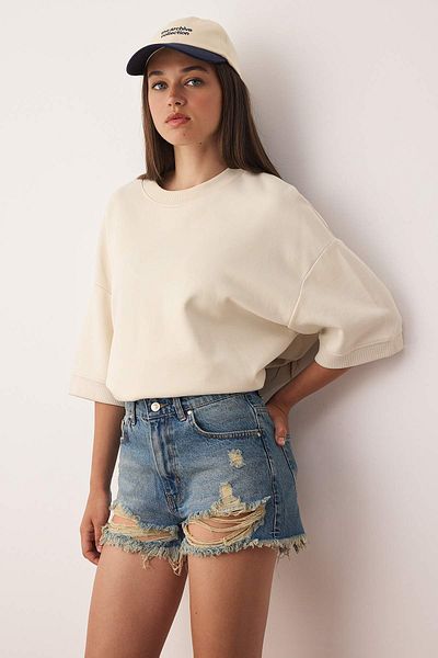 Trendyol Collection Blue Ripped High Waist Mini Denim Shorts Twoss23Sr00278