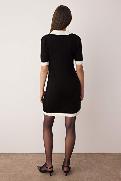 Trendyol Collection Black Color Block Short / Mini Polo Neck Knitwear Dress Twoaw26El00105