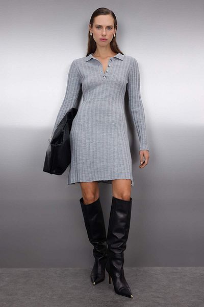 Trendyol Collection Gray Plain Mini Polo Neck Twill Soft Textured Knitwear Dress Twoaw26El00014