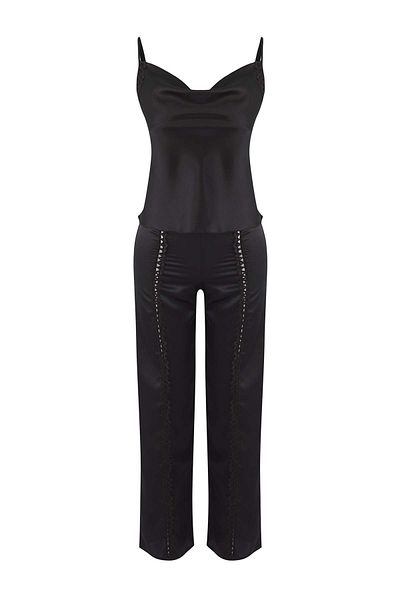 Trendyol Collection Black Plain Lace Detail Satin Woven Pajama Set Thmaw26Pt00078