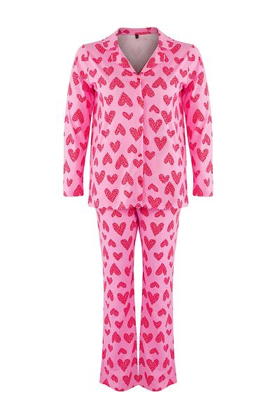 Trendyol Curve Pink 100% Cotton Heart & Leopard Print Shirt-Pants Knitted Pajamas Set Tbbaw26Ai00017