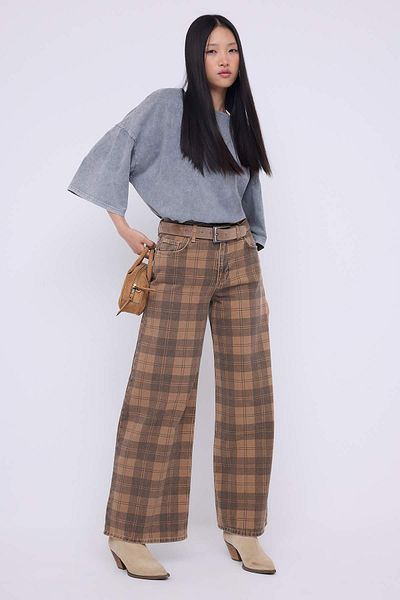 Trendyol Collection Teen Multi-Colored Regular Waist Plaid Wide Leg Jeans Twoaw26Je00024