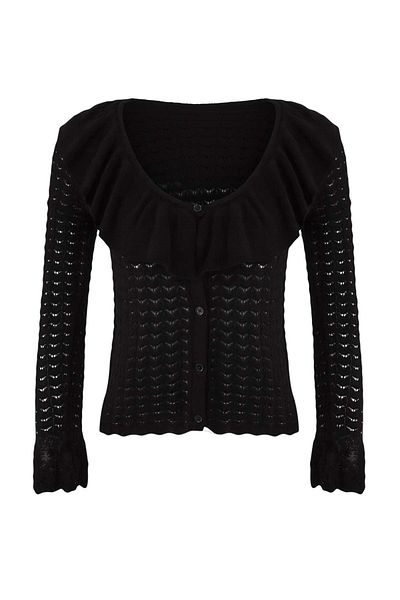 Trendyol Collection Black Button Detailed Mercerized Look Ruffle Detailed Body Hugging Knitwear Cardigan Twoaw26Hi00010
