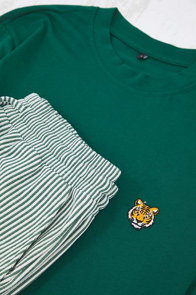 Trendyol Collection Emerald Green Regular Embroidery and Stripe Knitted Pajamas Set Tmnaw26Pt00002