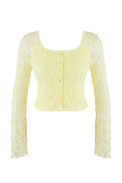 Trendyol Collection Teen Light Yellow Button Fitted/Slim Fit Lace Knitted Blouse Twoaw26Bz00016