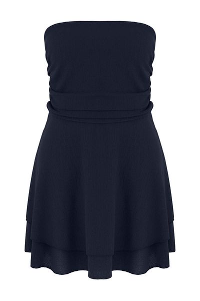 Trendyol Curve Navy Blue Strapless Skater/Waist Opening Ribbed Stretchy Mini Knitted Tbbss25Ah00244