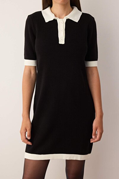 Trendyol Collection Black Color Block Short / Mini Polo Neck Knitwear Dress Twoaw26El00105