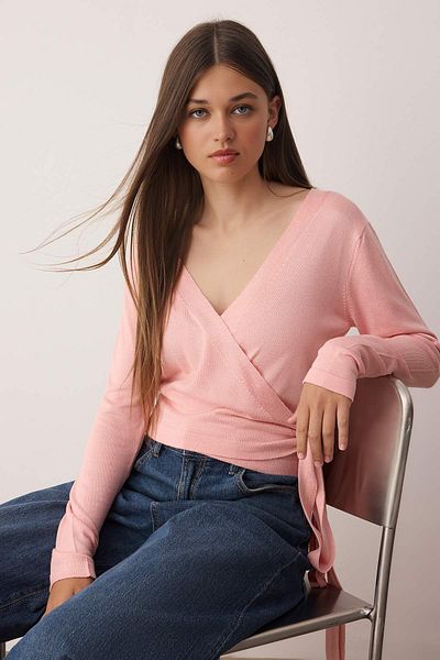 Trendyol Collection Pink Double Breasted Collar Tie Crop/Short Slim Knitwear Sweater Twoaw26Kz00106