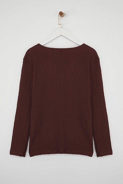 Trendyol Curve Brown Seersucker Textured Fabric Knitted Plus Size Blouse Tbbaw26Af00034