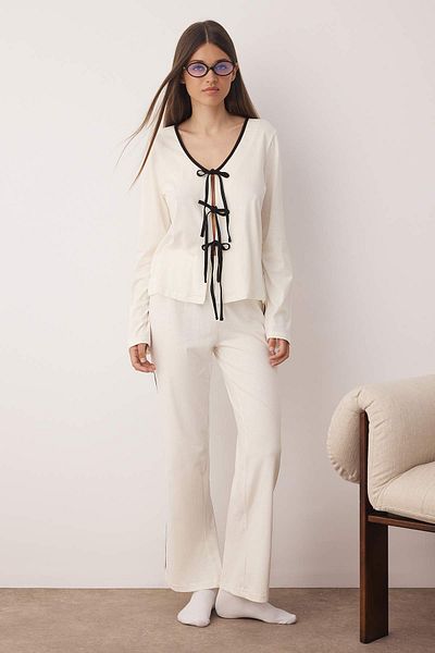 Trendyol Collection Ecru Plain Tied 30/1 Openend Knitted Pajamas Set Thmaw26Pt00009