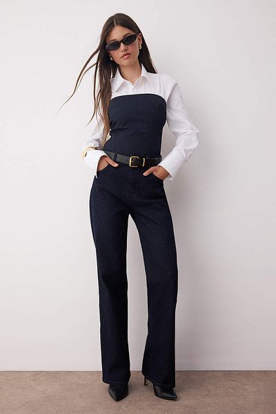 Trendyol Collection Dark Blue Line Detail High Waist Loose Cut Barrel Baggy Jeans Twoaw26Je00101