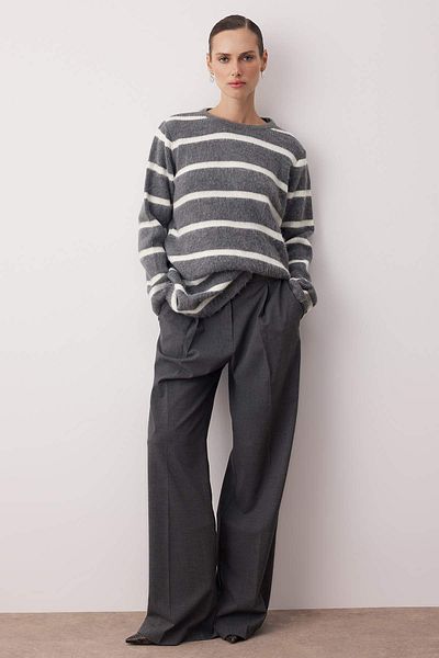 Trendyol Modest Anthracite Striped Furry Knitwear Sweater Tctaw26Ak00004