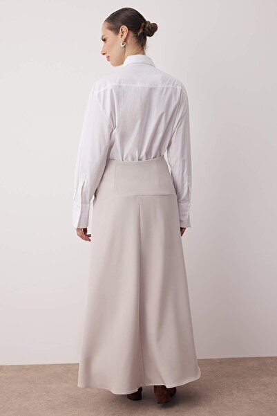 Trendyol Modest Beige Unlined Side Button Detailed Woven Skirt Tctaw26Ee00003