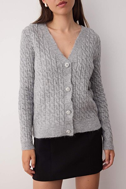 Trendyol Collection Gray Button Detailed Soft Textured V-Neck Hair Knit Cardigan Twoaw26Hi00014