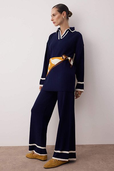 Trendyol Modest Navy Blue Piping Knitwear Sweater Pants Top and Bottom Set Tctaw25Us00015
