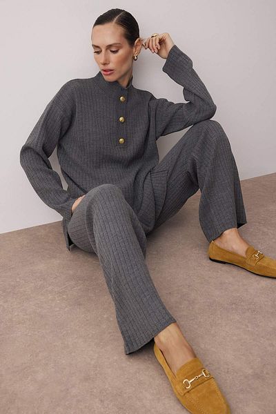 Trendyol Modest Anthracite Gold Buttoned Knitwear Bottom-Top Set Tctaw26Us00004