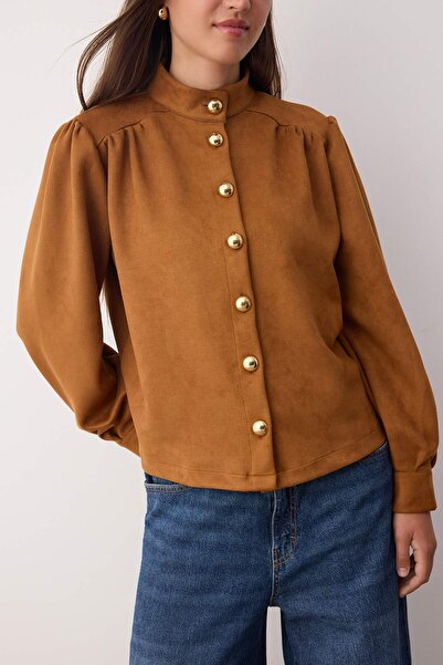 Trendyol Collection Camel Button Detailed Suede Thin Shirt Jacket Twoaw26Ce00030