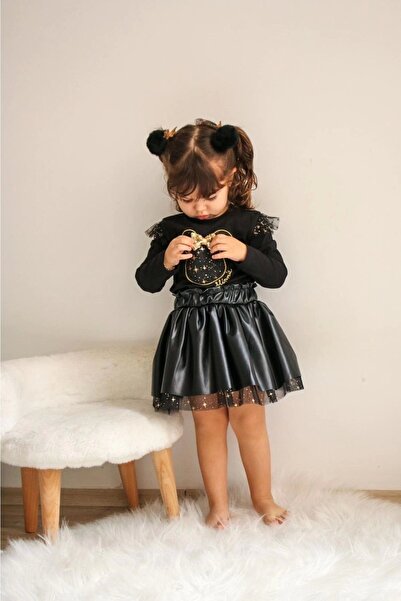 DUDOR KİDS Κοριτσίστικο σετ με μαύρη δερμάτινη φούστα Minnie Μπλούζα με τοπ και κάτω μέρος-Εορταστικό κοστούμι