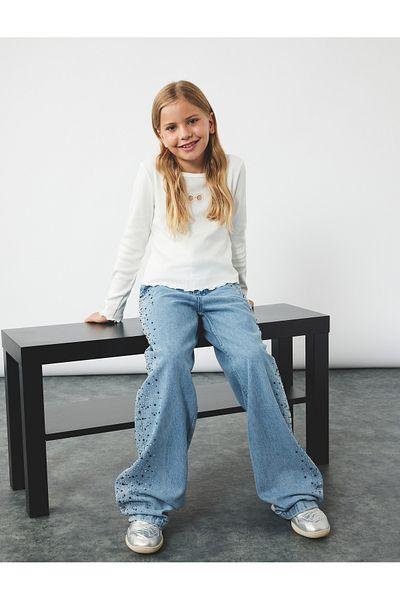 Koton Cotton Stone Detailed Wide Leg Denim Trousers with Pockets