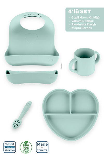 Moki Silikon Beslenme Seti 4'lü Spring Yeşil / Mama Önlüğü, Mama Tabağı, Band...