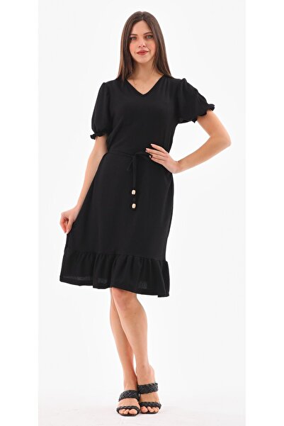 DEVRİMAY TEKSTİL Μαύρο καλοκαιρινό φόρεμα με μανίκια μπαλόνι και λαιμόκοψη V