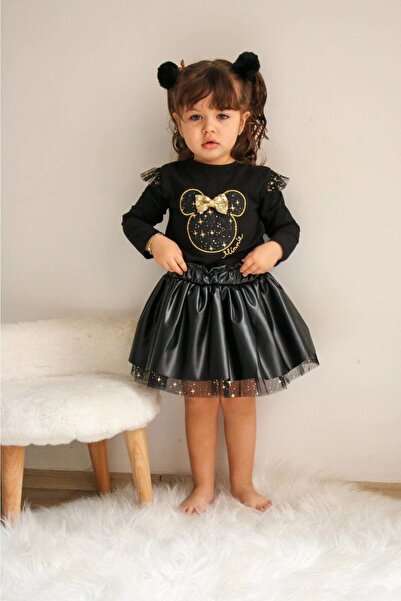 DUDOR KİDS Κοριτσίστικο σετ με μαύρη δερμάτινη φούστα Minnie Μπλούζα με τοπ και κάτω μέρος-Εορταστικό κοστούμι