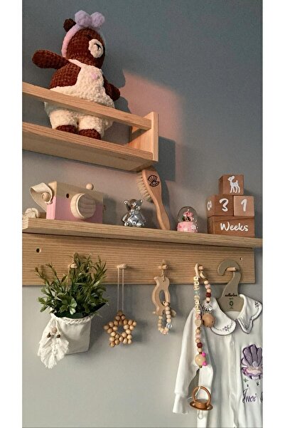 KAYINSAN AHŞAP VE TASARIM ATÖLYESİ Kayınsan El Yapımı 2'li Ahşap Duvar Rafı | Askılık ve Kitaplık | Montessori Uyumlu 50 cm