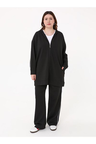 ALİA Plus Size Piping Detailed Hooded Sweatshirt & Pants Double Set - Navy Blue - Alia