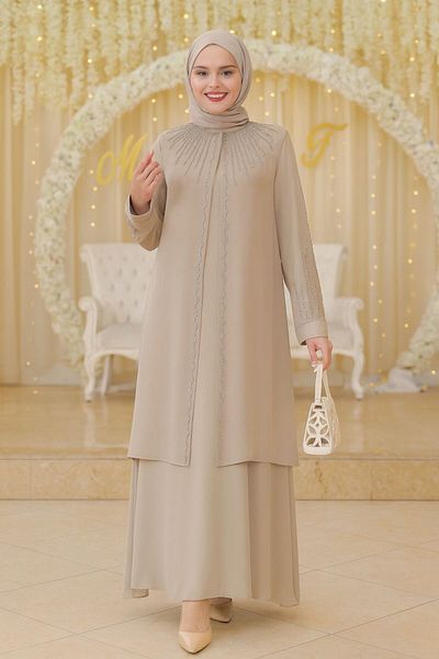 N.S NEVA STYLE Beaded Beige Hijab Abaya 29131Bej
