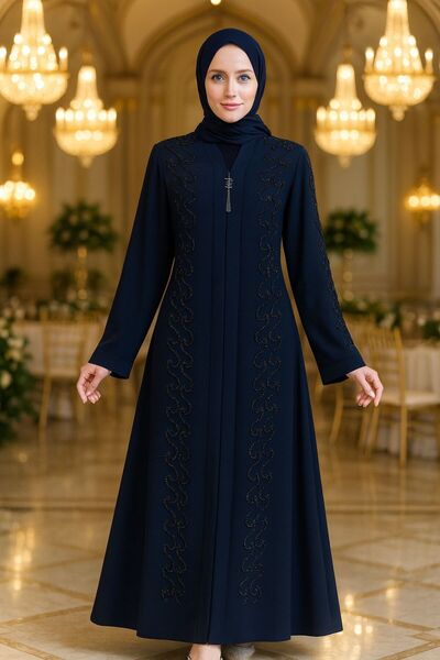 Neva Style Χάντρες Κεντημένο Navy Blue Hijab Ferace 29123L
