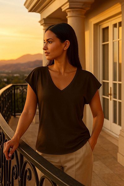 Rich Women's Brown Viscose Front Back V-Neck T-Shirt Bat Sleeve Relaxed Blouse