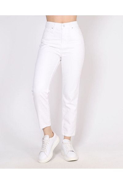LAMİRA Pantaloni de denim cu talie înaltă, albi, din lycra, cu picioare înguste (NU AFIȘEază interiorul)