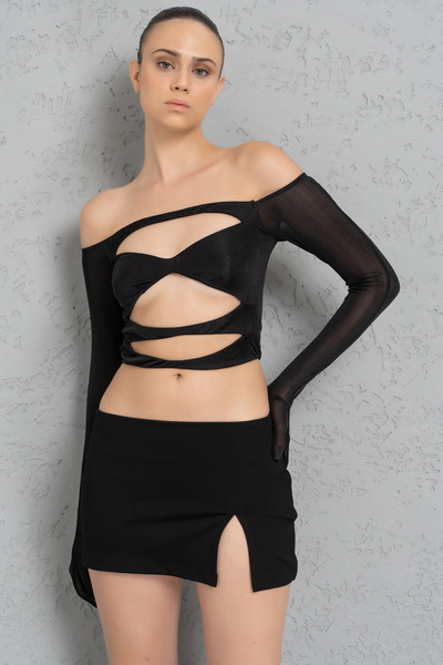 Kikiriki Black Slit Mini Skirt