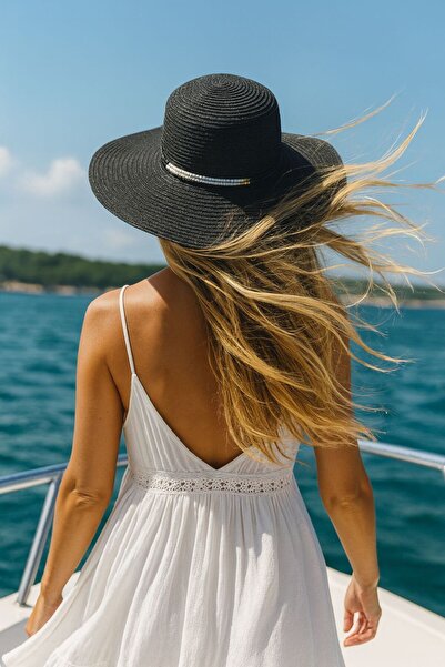 Axesoire 14575 Pălărie neagră de paie lată cu accesorii de mărgele