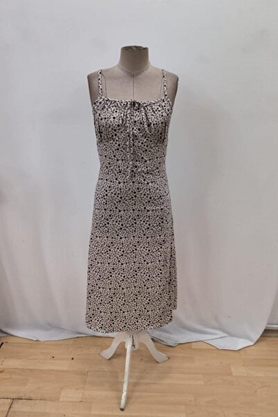 Mossta Patterned Midi Dress with Strap Slit Detail - Beige