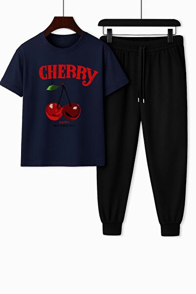 Trend Sizde Unisex Navy Blue Cherry Printed Top and Bottom Tracksuit Set
