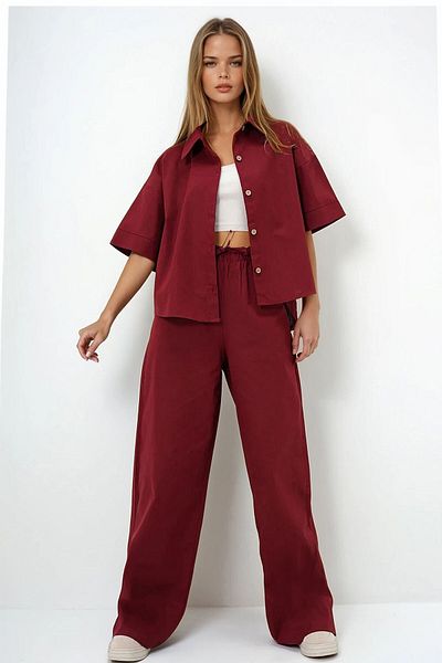 VAGGON Women's Women's Burgundy Linen Shirt and Palazzo Pants Suit Prmx13948 Prmx13948