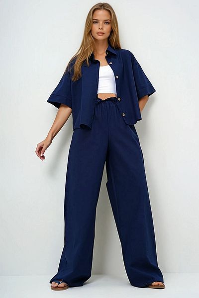 VAGGON Women's Women's Navy Blue Linen Shirt and Palazzo Pants Set Prmx13948 Prmx13948