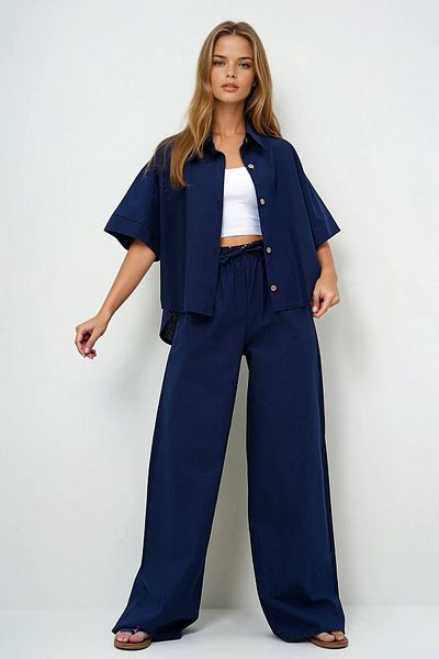 VAGGON Women's Women's Navy Blue Linen Shirt and Palazzo Pants Set Prmx13948 Prmx13948