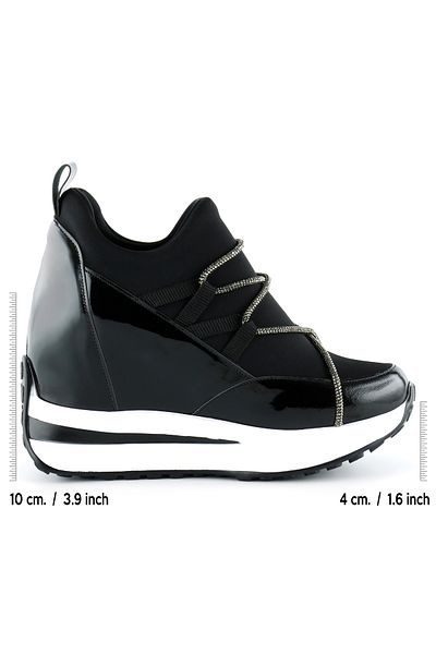 Erkan Saçmacı Mevira Plus Black Patent Leather Stretch Silver Chain White Sole Hidden Wedge Heeled Casual Shoes