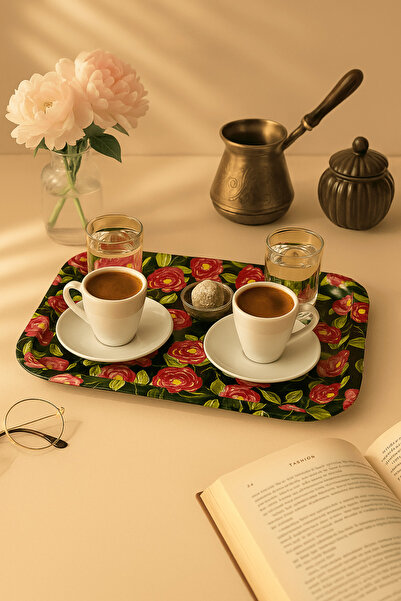 Sarkap Çiçek Desenli Sunumluk Yeşil Metal Tepsi