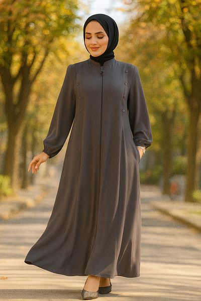 Neva Style Button Detailed Smoked Hijab Abaya 45304Fu