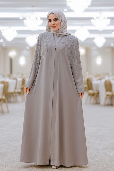 Neva Style عباية حجاب بيج - مطرزة بالخرز موديل 29110BEIGE